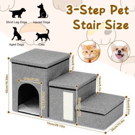 3 Step Pet Stair 4-IN-1 Foldable Dog Ramp Non-Slip Cat Storage Ladder with Scratcher Storage and Pet House for Old Pet Small/Medium Dog/Cat 165LB