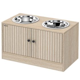 Elevated Dog Bowls with Storage Cabinet,  2 Stainless Steel Bowls, Slow Feeder, Dog Feeding Station for Large Dogs, Oak (Option: Oak-710x435x150 mm)