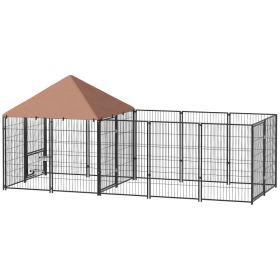 Large Outdoor Dog Kennel with Rotating & Adjustable Height Bowls, Waterproof & UV-Resistant Canopy, 11.3' x 4.7' x 5.1' (Option: Coffee-1160x740x270 mm)